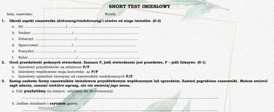 Test imiesłowy przysłówkowe