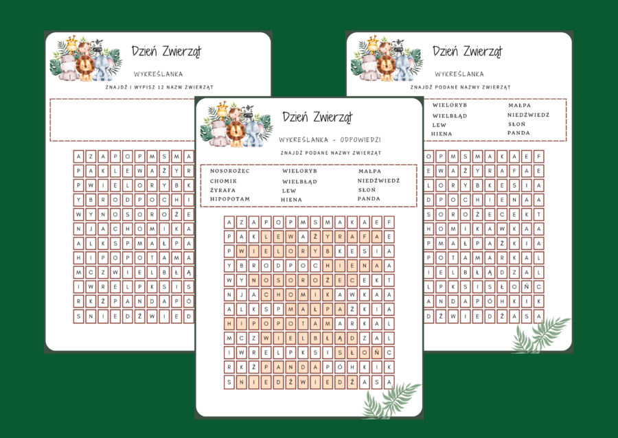 DZIEŃ ZWIERZĄT – wykreślanka - ćwiczenia redakcyjne - ortografia - biblioteka