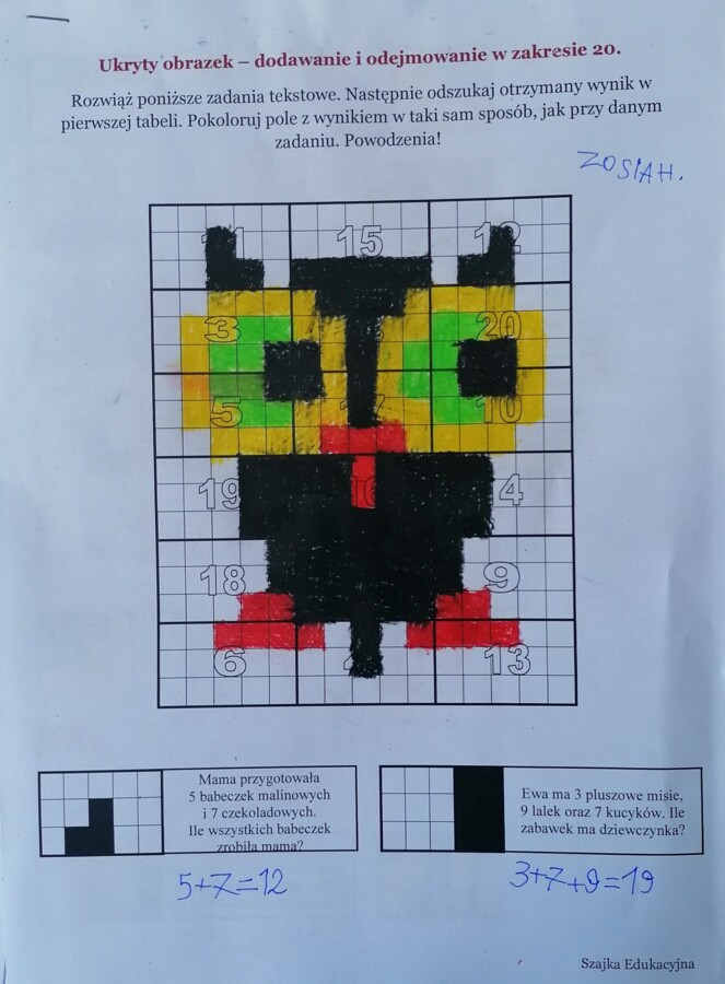Ukryty obrazek - zadania tekstowe dla pierwszaków.