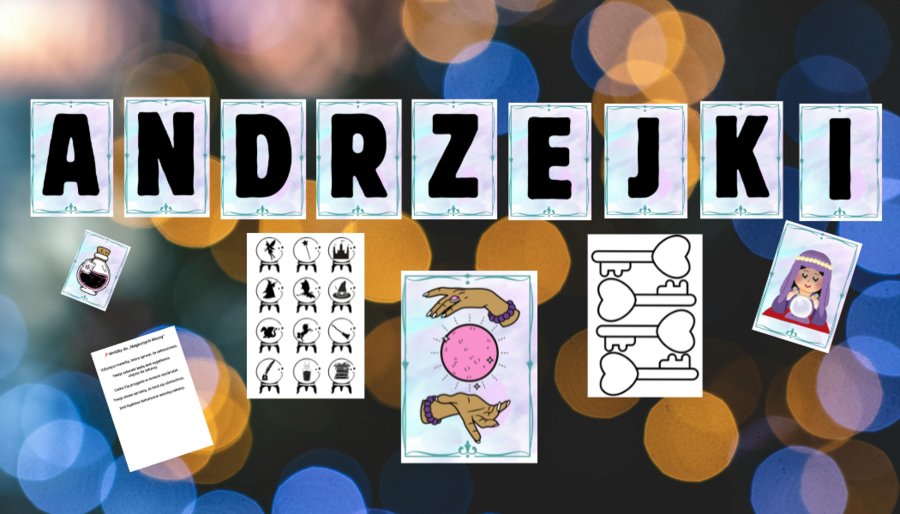 Andrzejki pakiet - stacje zadaniowe , eksperymenty, napis, gazetka