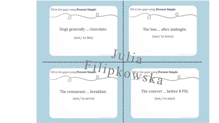 Present Simple/ Karty do mówienia/ Mówienie/ Speaking/ Konwersacje/ Klasy 4-8/ Klasy 4-6/ Klasy 6-8/ SP/ Warm-up/ Rozgrzewka/ Speaking cards/ Gramatyka/ Grammar/ Speaking cards grammar/ Grammar cards/ E8