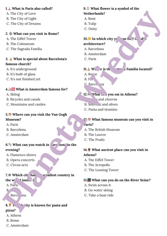 🌞WAKACYJNY QUIZ - MIASTA EUROPEJSKIE🌞 KARTA PRACY – SUMMER HOLIDAY – KLASY 4-8 SZKOŁY PODSTAWOWEJ- PODSTAWOWE FAKTY O TURYSTYCZNYCH MIASTACH/ ATRAKCJACH, TEKSTY I QUIZ WIEDZY - RZYM, BARCELONA, PARYŻ, AMSTERDAM, ATENY, PRAWDA/FAŁSZ, DYSKUSJA W PARACH + O