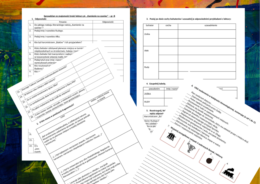 "KAMIENIE NA SZANIEC" - sprawdzian po omówieniu lektury - 2 grupy + odpowiedzi