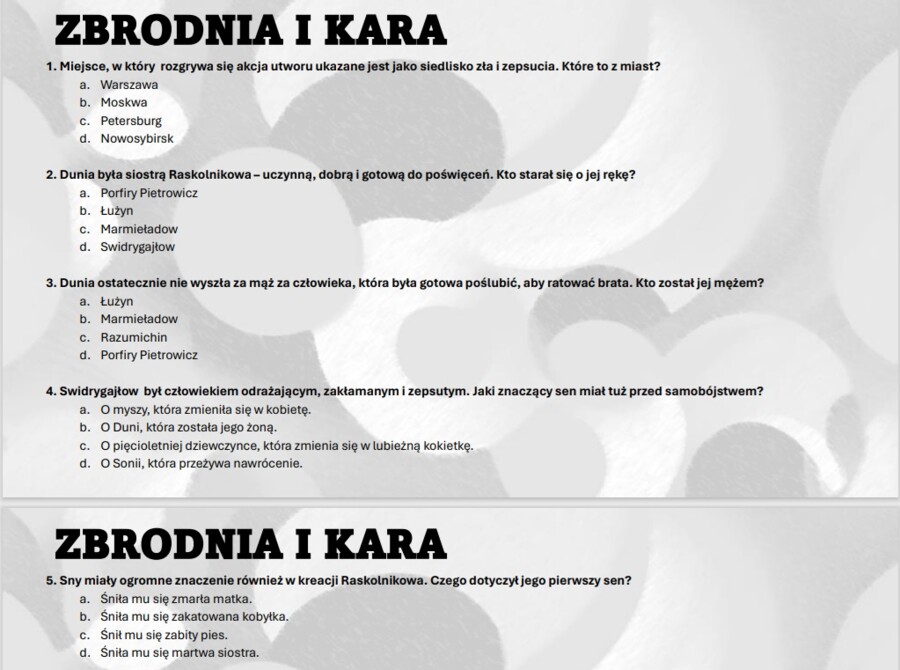 Test wprowadzający z lektury "Zbrodnia i kara"