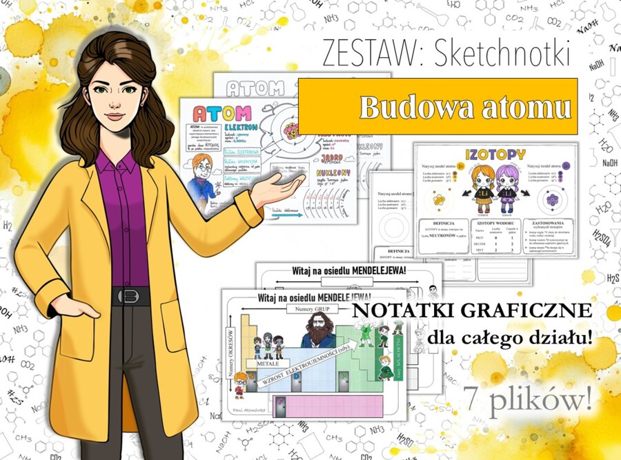 Klasa 7. Chemia. Budowa atomu. Budowa materii. Jak to jest połączone. Sketchnotki/Notatki graficzne do całego działu. PAKIET! Karta pracy. Zadanie. Bajkowa chemia.