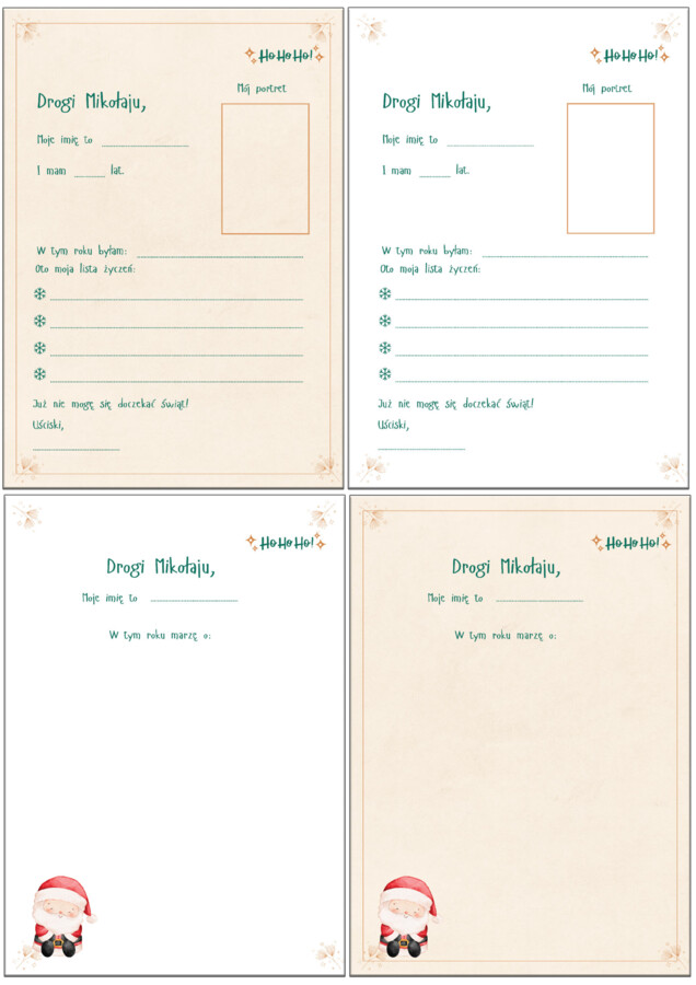 List do Mikołaja - przedszkole i klasy starsze, wersje kolorowe i czarno - białe