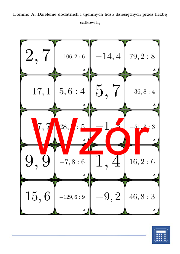 Domino - Dzielenie dodatnich i ujemnych liczb dziesiętnych przez liczbę całkowitą | matematyka