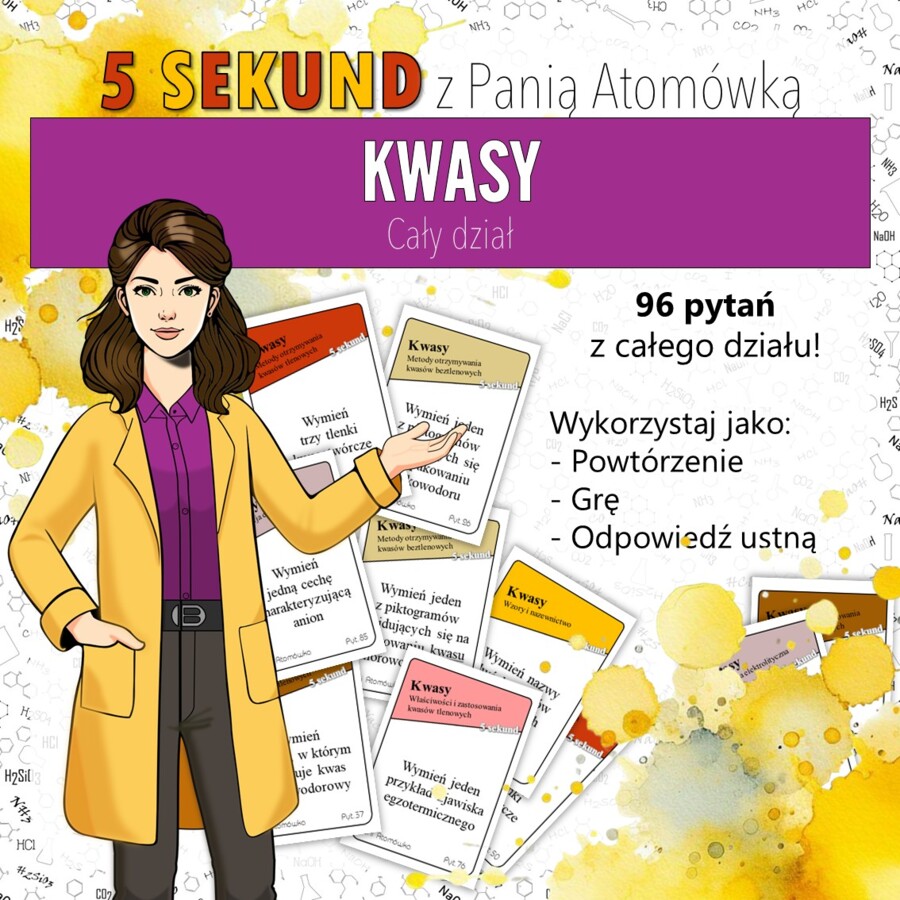 Chemia nieorganiczna: Kwasy- 5 sekund (chemia, kl 7/8). MOC powtórki.