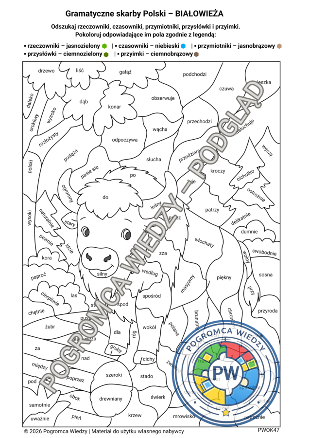 Gramatyczne skarby Polski - BIAŁOWIEŻA - karta pracy + klucz odpowiedzi