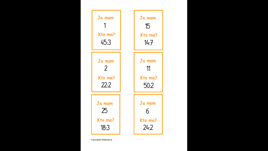 Karty typu kto ma, ja mam - gra matematyczna (dzielenie)