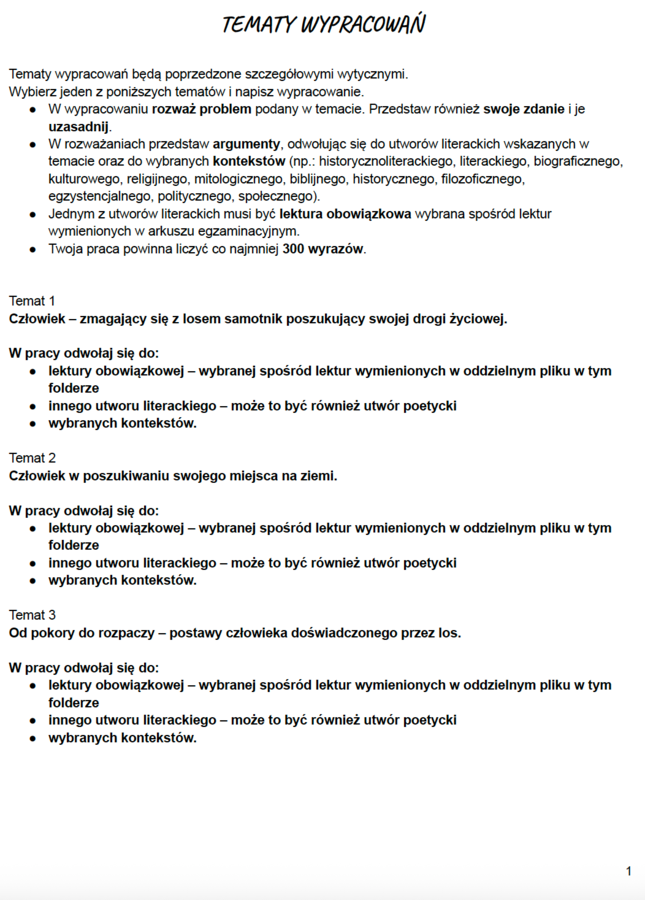 Zadania maturalne z j.polskiego - Tematy wypracowań