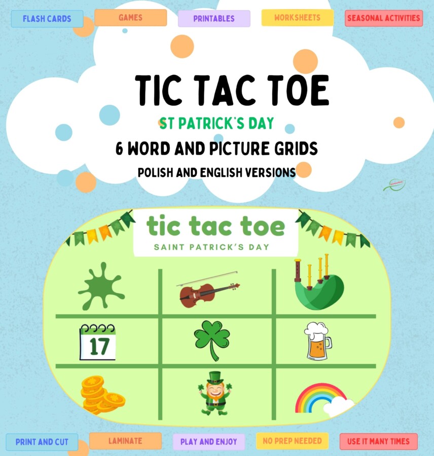 St Patrick's Day Tic Tac Toe Dzień Świętego Patryka gra kółko- krzyżyk rozgrzewka językowa, dobra dla SPE