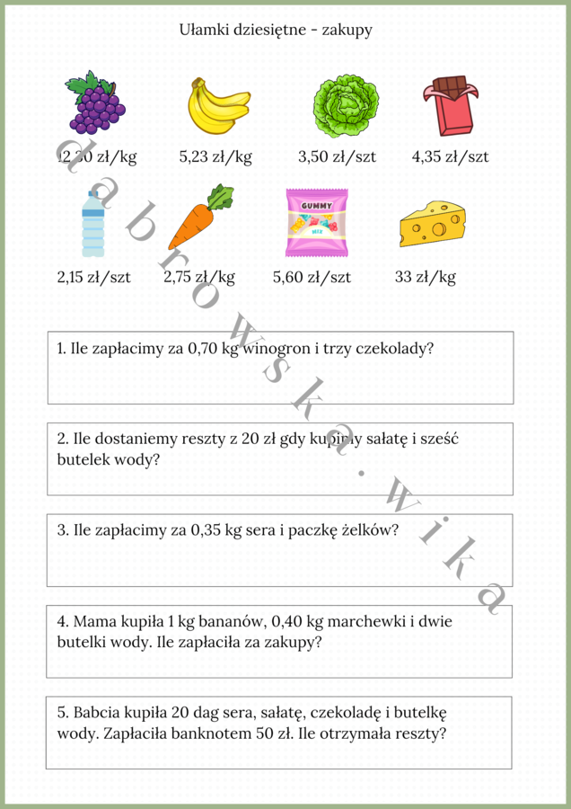Ułamki dziesiętne - zakupy