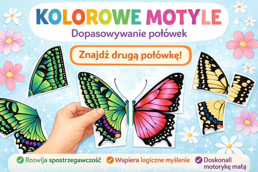Kolorowe motyle 🦋 łączenie połówek | wiosenna zabawa,  PDF do druku