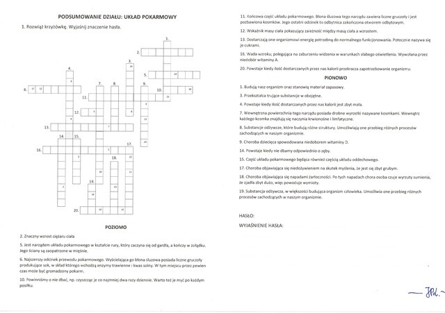 Układ pokarmowy (krzyżówka podsumowanie)