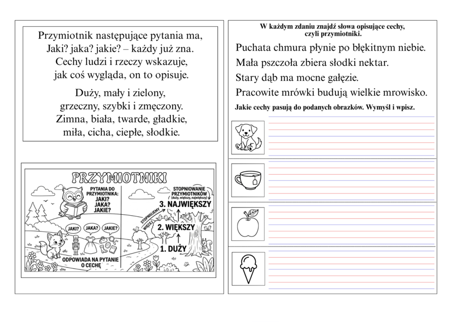 KARTY PRACY klasy 1-3,  CZĘŚCI MOWY: CZASOWNIKI, RZECZOWNIKI, PRZYMIOTNIKI PRZYSŁÓWKI w formie wklejek do zeszytu
