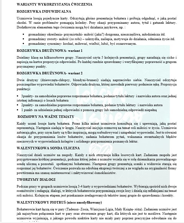 CZYJE TO WALENTYNKI? ĆWICZENIE DLA UCZNIÓW KLAS ÓSMYCH- PRZYPOMNIENIE LOSÓW BOHATERÓW LEKTUR OBOWIĄZKOWYCH I NIEOBOWIĄZKOWYCH