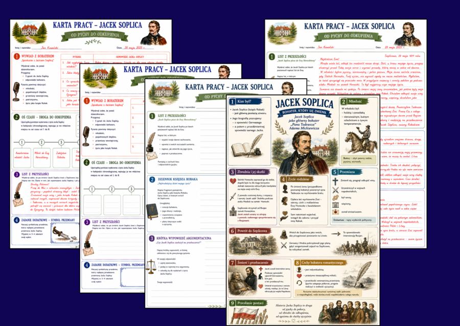 JACEK SOPLICA - "Pan Tadeusz" - infografika + 2 karty pracy z odpowiedziami