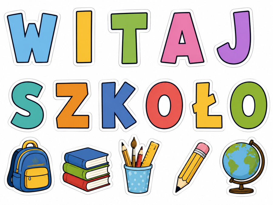 Napis na gazetkę szkolną "WITAJ SZKOŁO" (litery i obrazki A4)