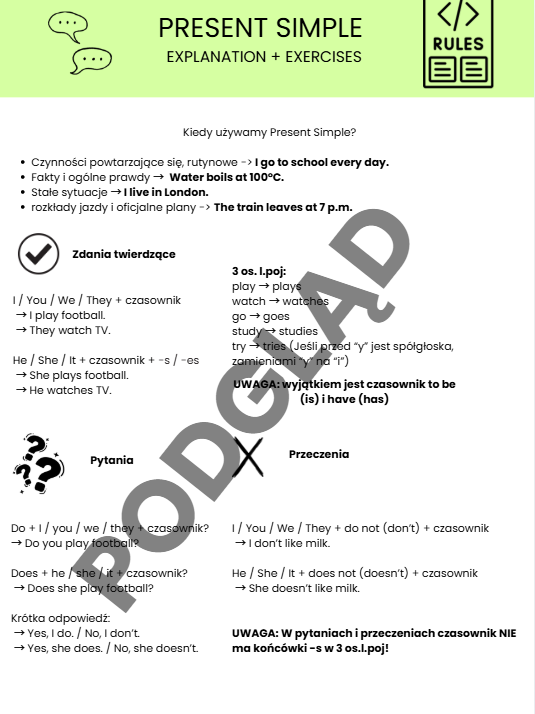 Present Simple - karta pracy wytłumaczenie + zadania
