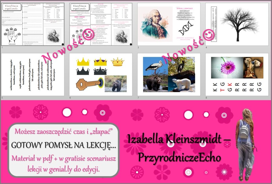 Karta pracy/stacje zadaniowe/materiał do lekcji do tematu „Klasyfikacja organizmów” w pdf. W gratisie niekomercyjny scenariusz lekcji/pomysł na lekcję w programie genial.ly do edycji. Biologia 5. Dział „Wirusy, bakterie, grzyby, protisty”.