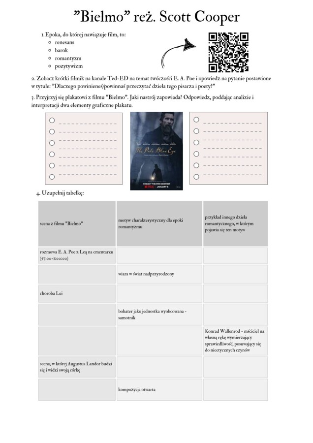 Karta pracy do filmu "Bielmo" w kontekście romantyzmu
