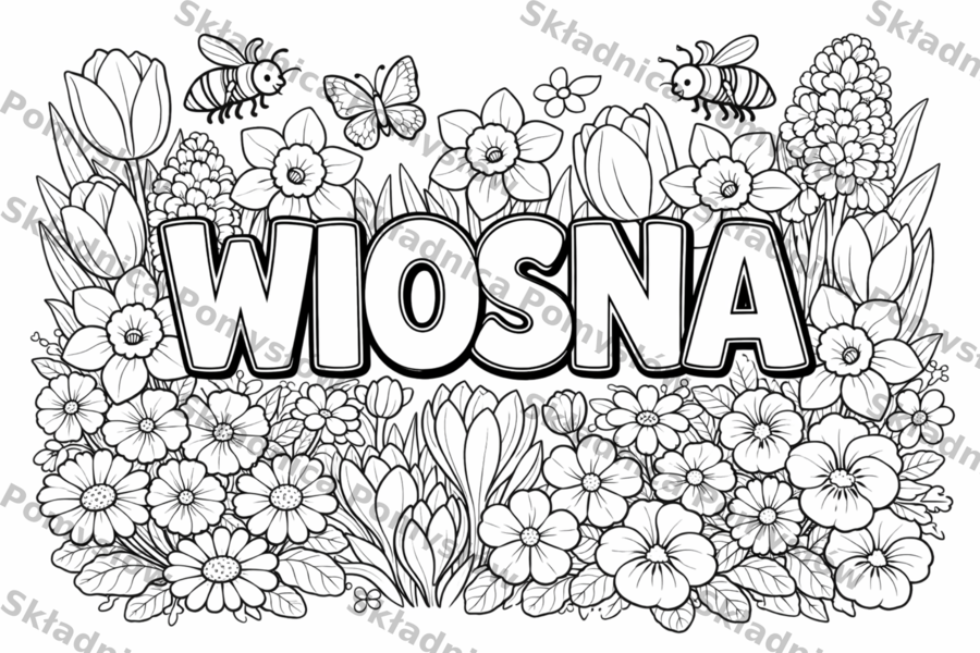 WIOSNA - kolorowanka XXL do druku | plakat z 6 stron A4 + miniatura A4; świetlica; dekoracja; gazetka