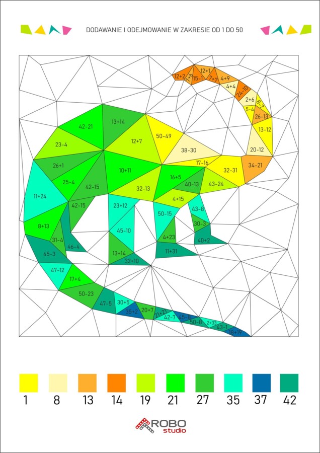 Kolorowanka matematyczna, dodawanie i odejmowanie od 1 do 50, dzień dinozaura, prehistoria, matematyka i sztuka.
