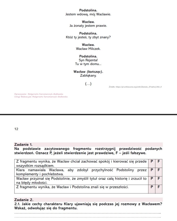 Karta pracy "Zemsta" - krytyczne czytanie