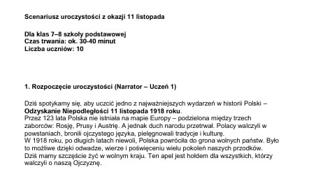 11 listopada - Odzyskanie Niepodległości / Święto Niepodległości - Scenariusz uroczystości dla klas 7-8