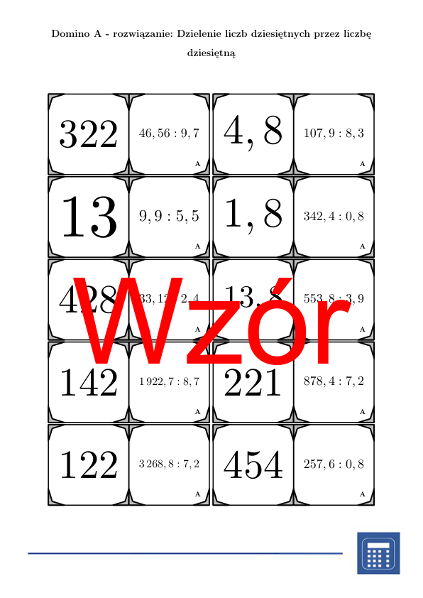 Domino - Dzielenie liczb dziesiętnych przez liczbę dziesiętną | matematyka