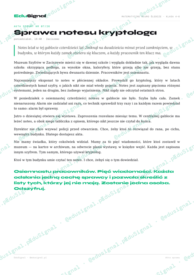 Biuro Śledcze: sprawa notesu kryptologa — gra z szyframi, klasy 4–6 (18 podejrzanych + klucz)