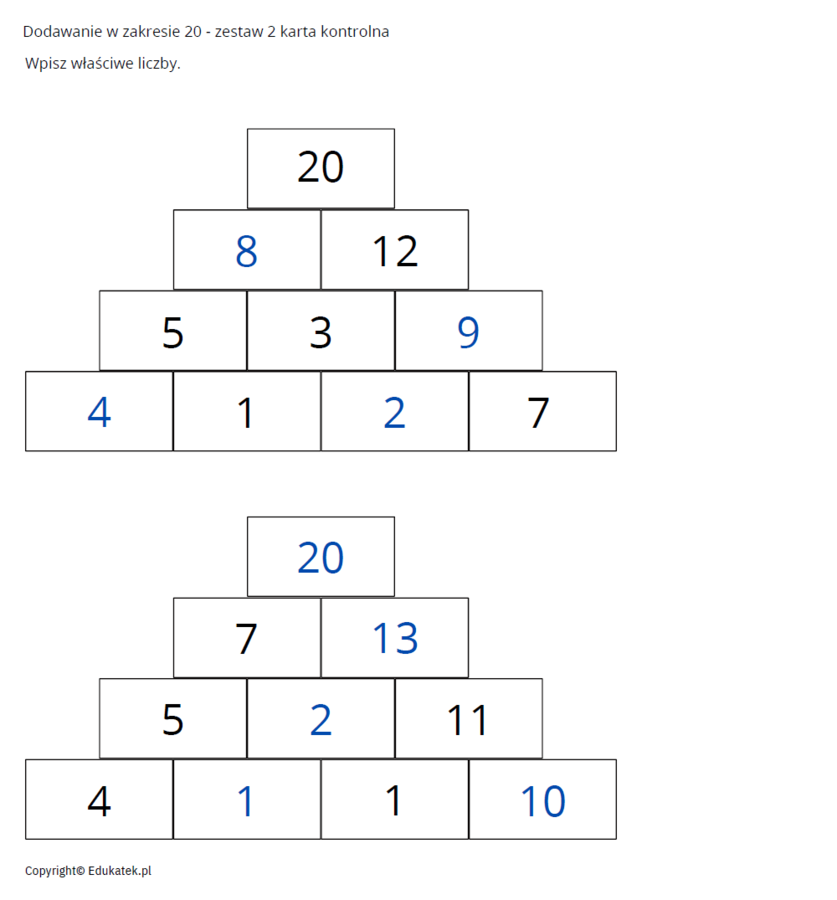 Matematyczne piramidy - doskonalenie dodawania w zakresie 100