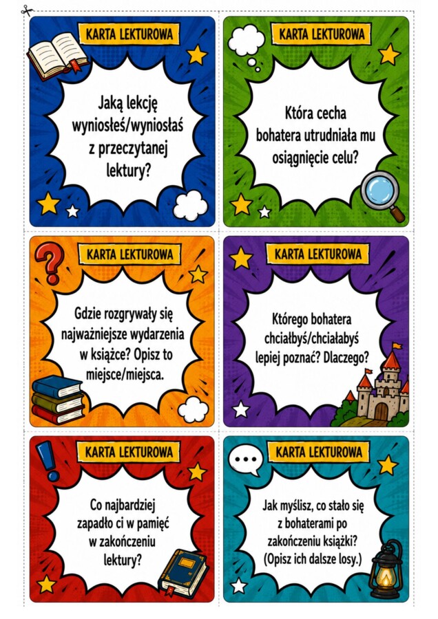 Uniwersalne karty lekturowe dla uczniów klas 4-6.