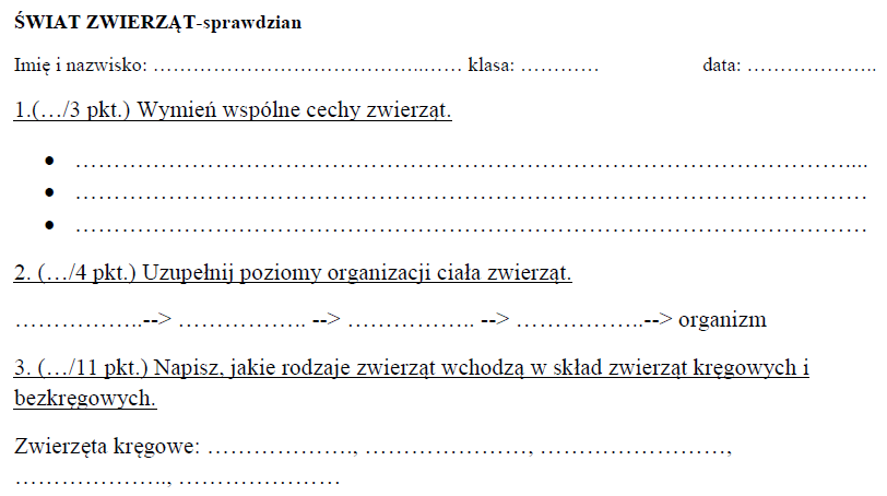 Świat zwierząt-sprawdzian