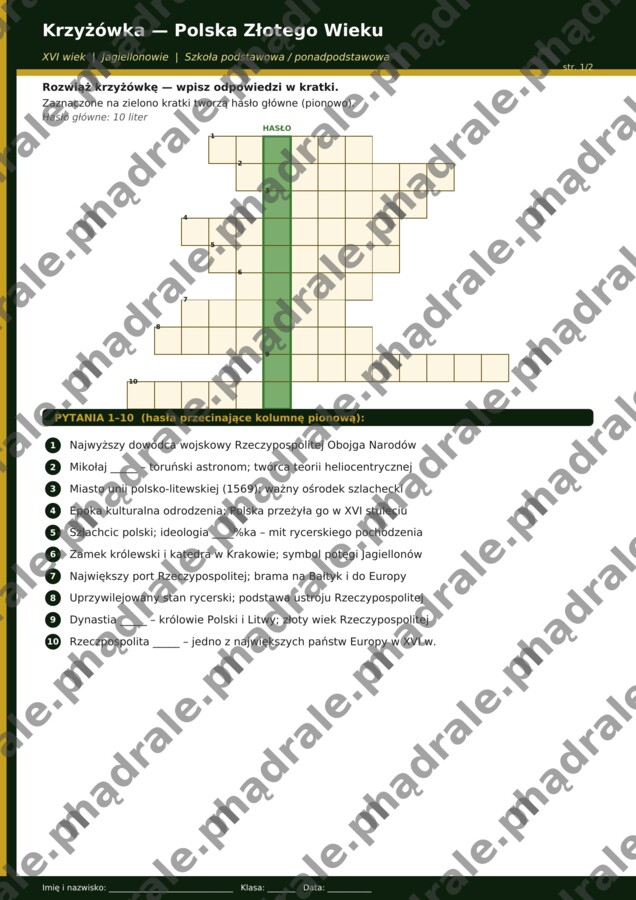 KARTA PRACY "POLSKA ZŁOTEGO WIEKU" + KRZYŻÓWKA + KLUCZ ODPOWIEDZI