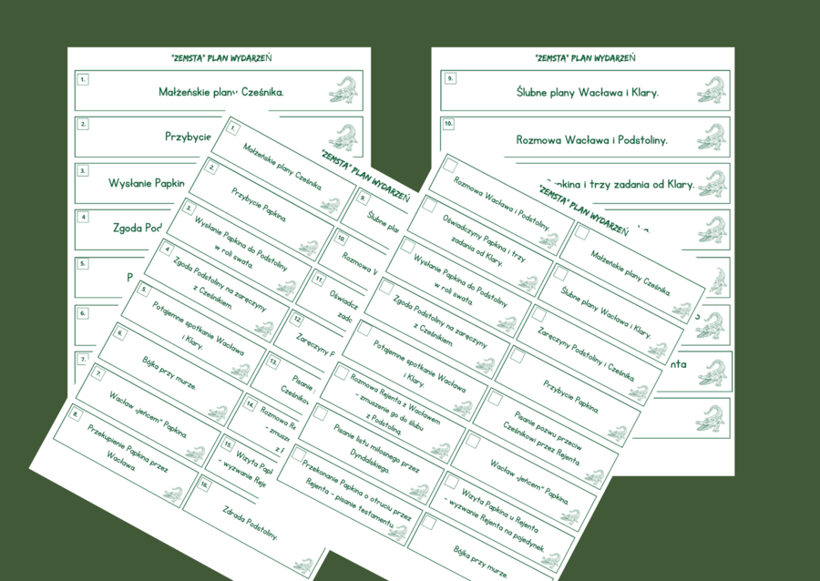 "ZEMSTA" A. Fredry - plan wydarzeń - fiszki - 3 wersje