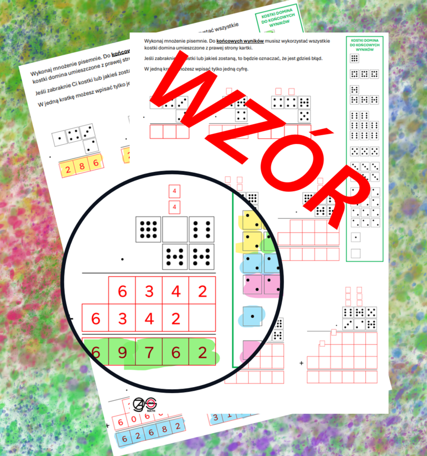 (klasa 5) Mnożenie wielocyfrowe pisemne liczb naturalnych z kostkami domina.
