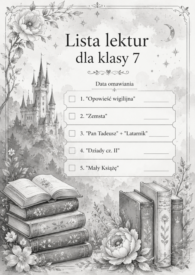 Lista lektur do klasy 7 (różne wersje) czarno-białe