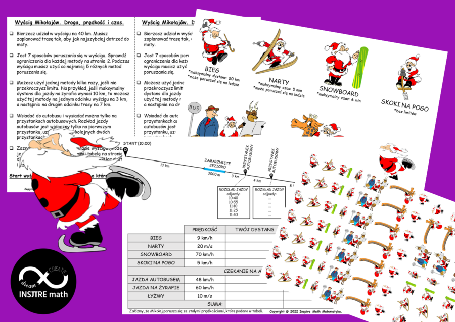 Matematyczne wyzwanie. Wyścig Mikołajów. Droga, prędkość i czas. Boże Narodzenie, Mikołajki.