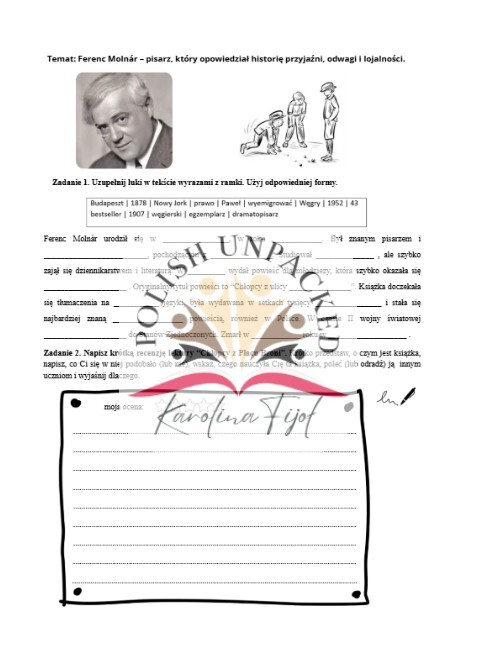 Karta pracy, notka biograficzna Ferenc Molnar, recenzja Chłopcy z Placu Broni (+ odpowiedzi), lektura obowiązkowa klasa 5