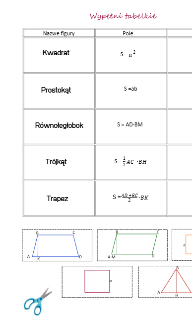 Pole wielokątów – karty pracy (prostokąt, kwadrat, trójkąt, trapez, równoległobok)