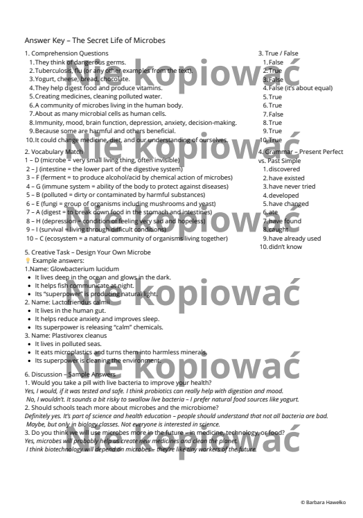 Karta pracy - czytanka "The Secret Life of Microbes" B2 + ćw. Present Perfect v. Past Simple