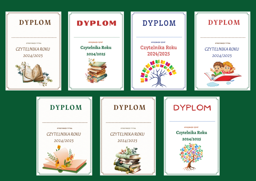 DYPLOM za czytelnictwo - dyplomy - CZYTELNIK ROKU - biblioteka - 14 wersji - zakończenie roku szkolnego