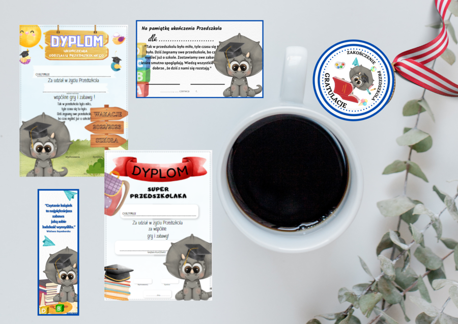 Pakiet dyplomów na zakończenie z różnymi postaciami