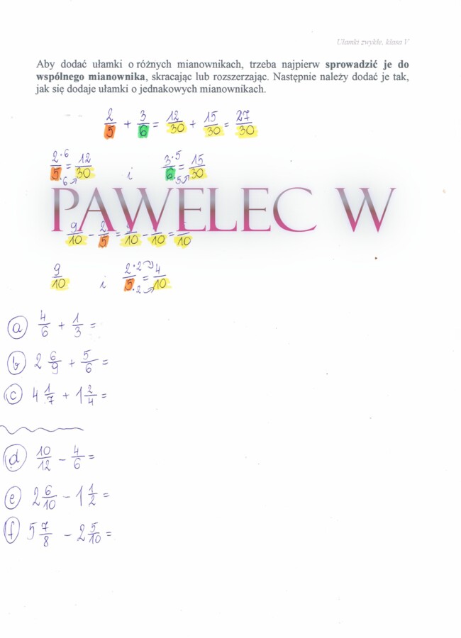 Dodawanie ułamków zwykłych o różnych mianownikach - plakat z wyjaśnieniem i przykładami