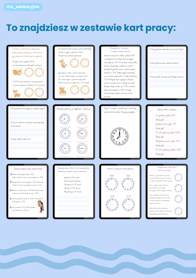 🕒 ZEGAR – odczytywanie godzin | karty pracy, wklejki i gry dydaktyczne | aż 65 stron!
