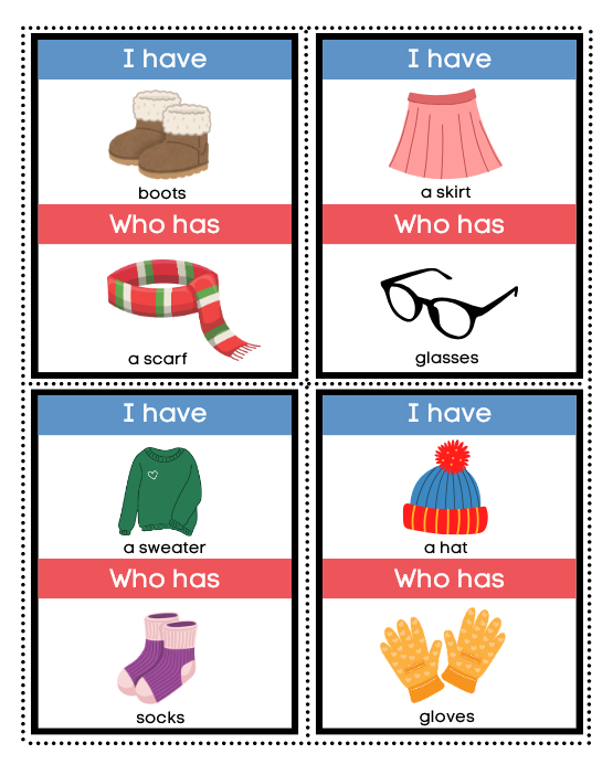 I HAVE... WHO HAS...? - CLOTHES | Gra Ja mam, Kto ma w języku angielskim do ćwiczenia słownictwo (UBRANIA)  ESL (A1)