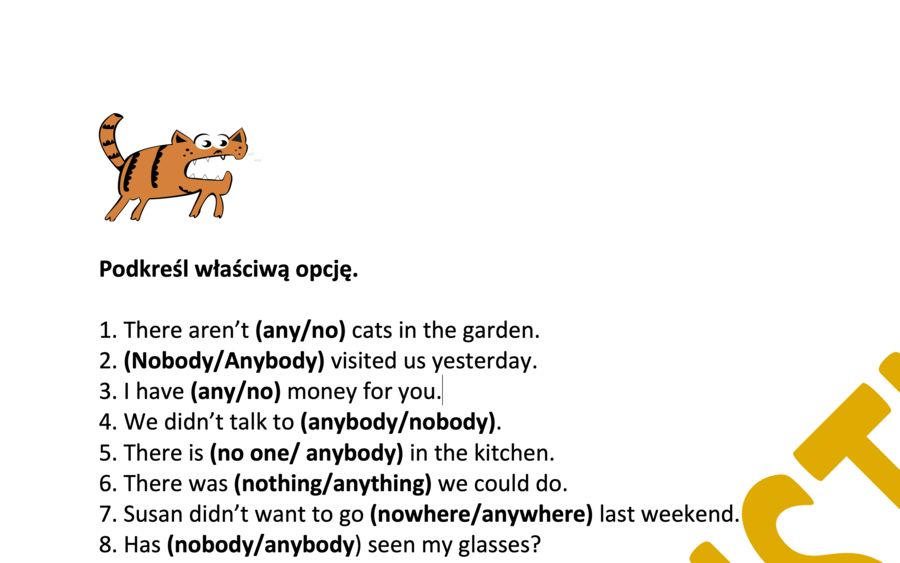 NO.../ ANY....- ćwiczenie utrwalające z kluczem- 20 zdań