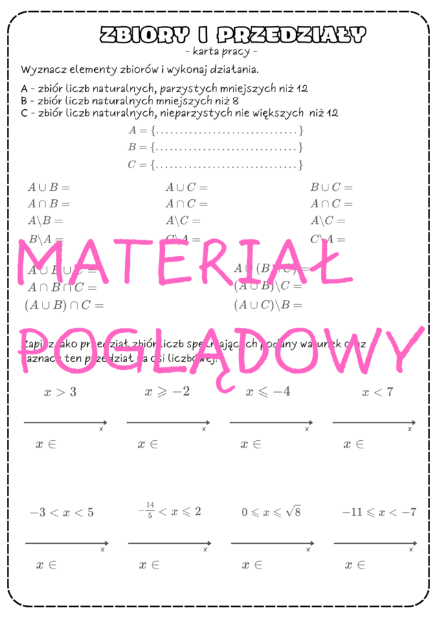 Zbiory liczbowe, przedziały - karta pracy. Klasa 1